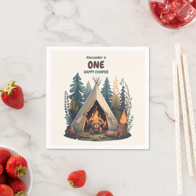 Ett Lycklig Camper Wood Boys 1:a födelsedag Pappersservett (Insitu)