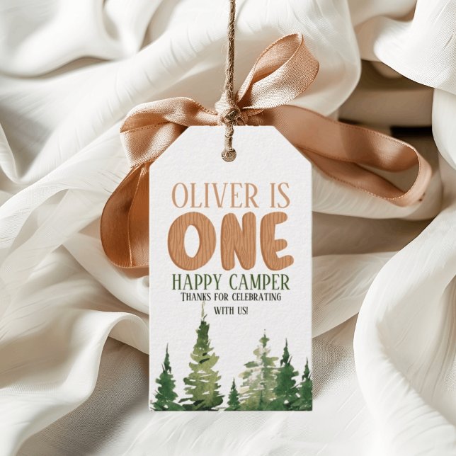 Ett Lycklig Camper Wood Boys 1:a födelsedag Presentetikett (Skapare uppladdad)