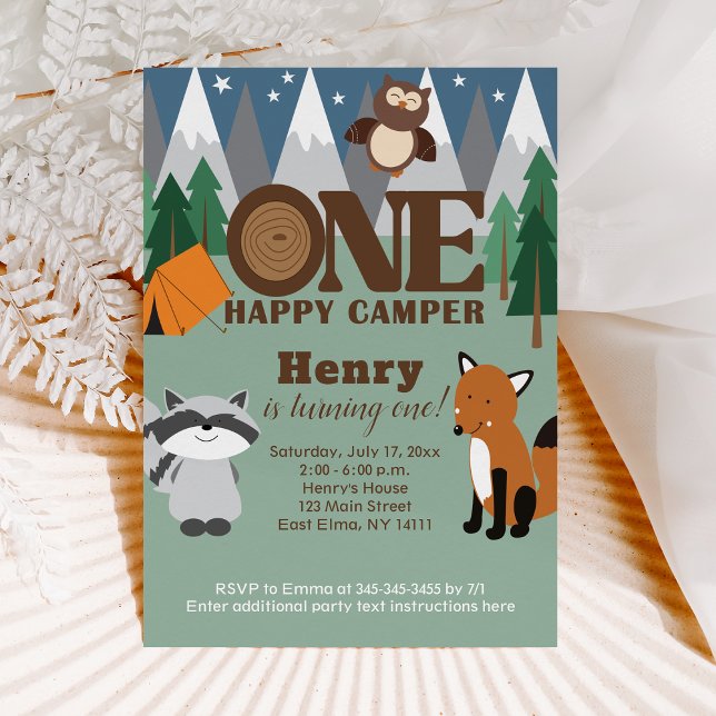 Ett Lycklig Camper Woodland Animals 1:a födelsedag Inbjudningar (ONE Happy Camper 1st Birthday Invitation)