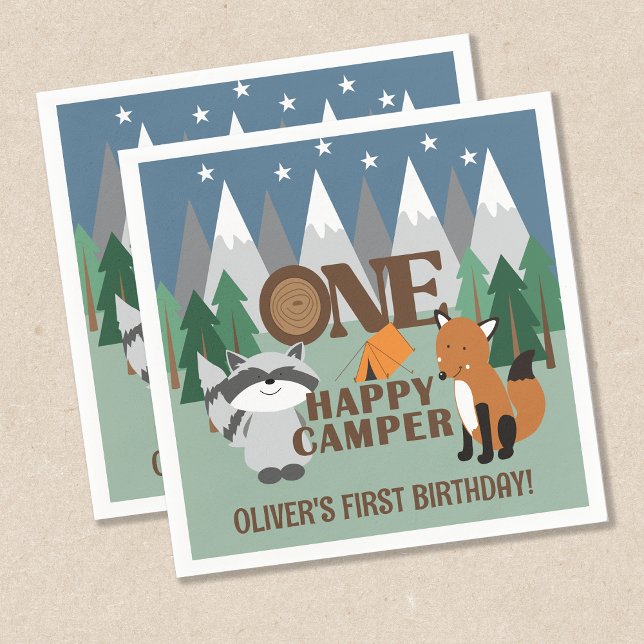 Ett Lycklig-kamper för kuterträdsdjur är till förd Pappersservett (ONE Happy Camper 1st Birthday Napkins - customizable )