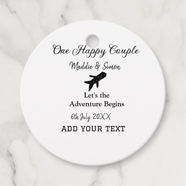 Ett lyckligt par, äventyret börjar bröllopsko gåvor etiketter (Framsida)