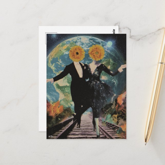 Ett lyckligt par dansar surrealistisk collage vykort (Fram/Back In Situ)