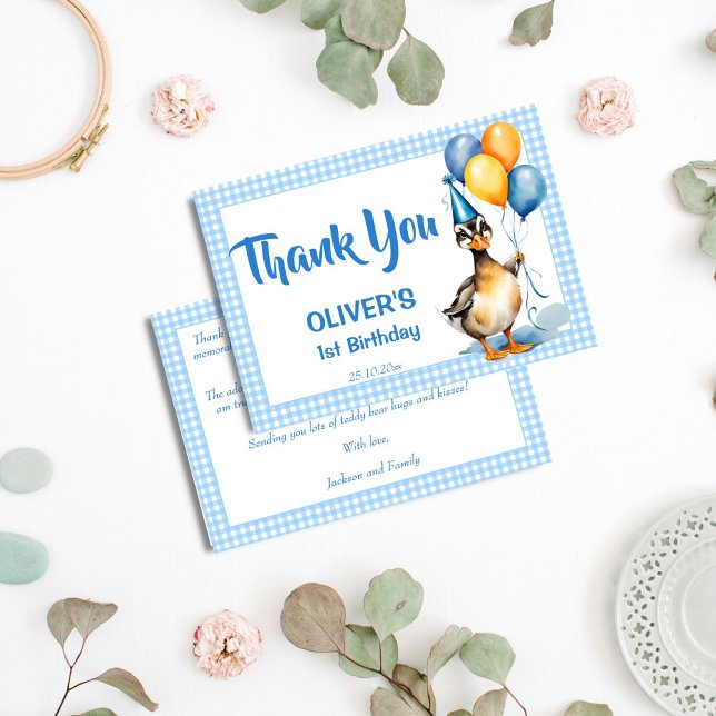 Ett lyckligt tack för anka blå gingham (One lucky duck blue gingham birthday party thank you cards cute mallard duck boys 1st birthday)