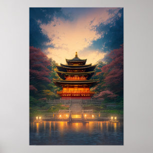 Ett magiskt japanskt tempel vid Sunset Poster