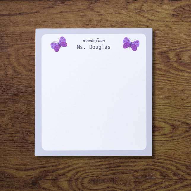 Ett meddelande från Anteckningsblocket Lärare Anteckningsblock (Purple butterflies notepad for teacher.)