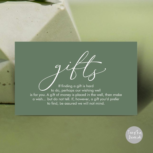 Ett meddelande om gåvor, bröllop smekmånad önskar (A note on gifts, wedding honeymoon wish, fund, enclosure card, modern romantic, Greenery Sage Green)