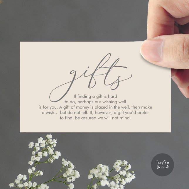 Ett meddelande om gåvor, bröllops önskan för smekm (A note on gifts, wedding honeymoon wish, fund, enclosure card, modern romantic, cream grey)
