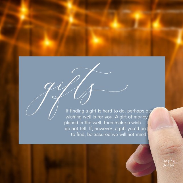 Ett meddelande om gåvor, bröllopspresent önskar vä (Honeymoon Fund Wishing Well, Wish, A Note On Gifts Enclosure Card in Dusty Blue)