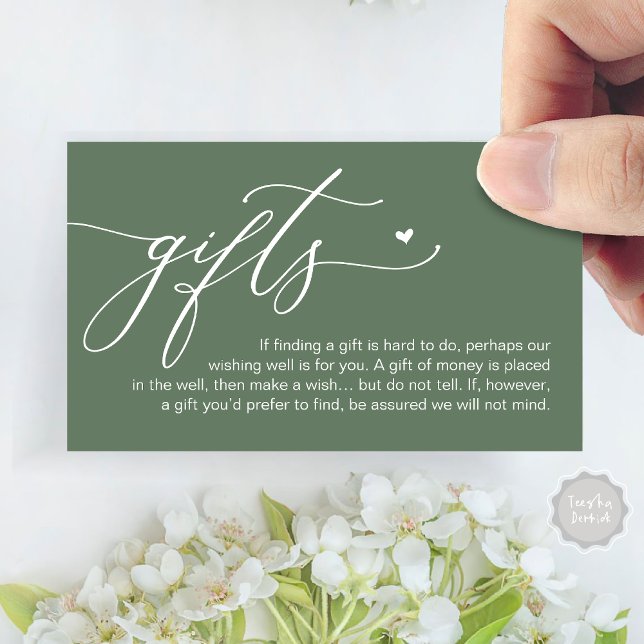 Ett meddelande om gåvor, Honeymoon Money Pengarar  (A note on gifts, Honeymoon Money Cash Fund Modern Romantic Heart Enclosure Card Sage Green)