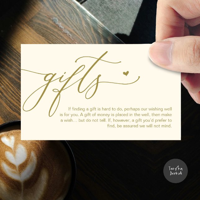Ett meddelande om gåvor, honungsmånfond pengarar ö (A note on gifts, honeymoon wish fund cash wish enclosure card in yellow gold)