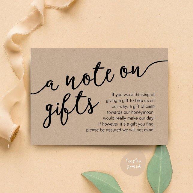 Ett meddelande om gåvor, honungsmånfonden Pengarar (Honeymoon Fund Cash Wish, a note on gifts Enclosure Card Rustic Brown Kraft Background)