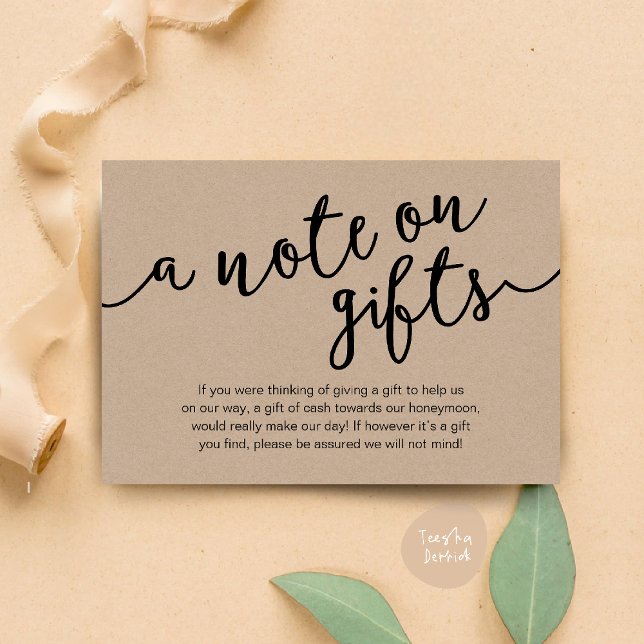 Ett meddelande om gåvor, honungsmånfonden Pengarar (Honeymoon Fund Cash Wish, a note on gifts Enclosure Card Rustic Brown Kraft Background)