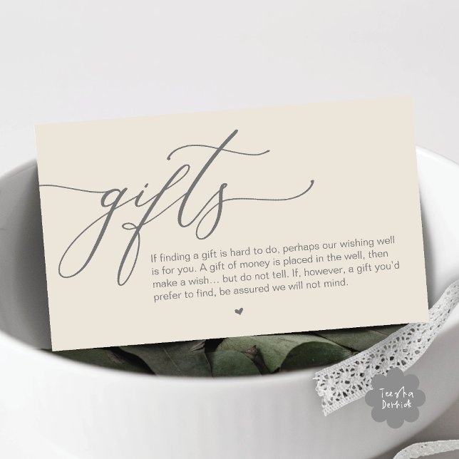 Ett meddelande om gåvor, Modern Romantic Bröllop (A note on gifts, Modern Romantic Wedding Enclosure Card Cute Heart Honeymoon Cash Cream Grey)