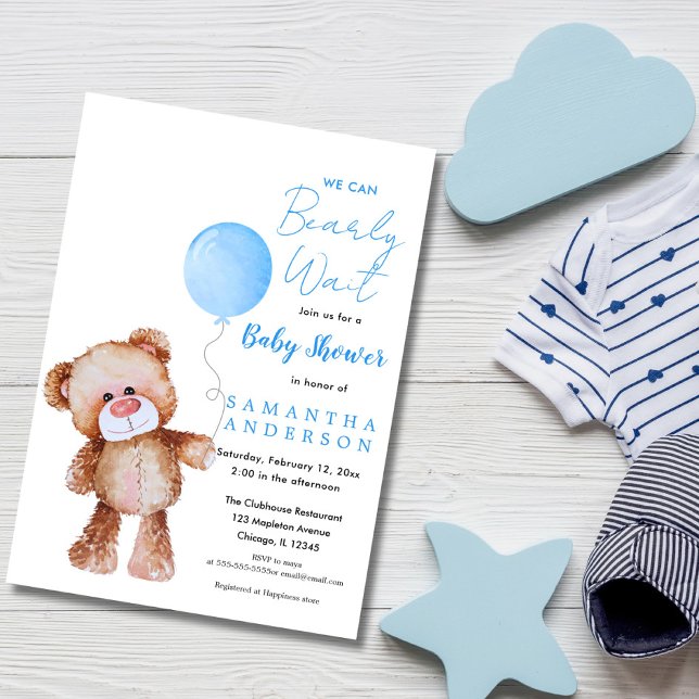 Ett minimalistiskt blått "vi kan vänta!" Baby Show Inbjudningar (WE CAN BEARLY WAIT BOY BABY SHOWER INVITATION)