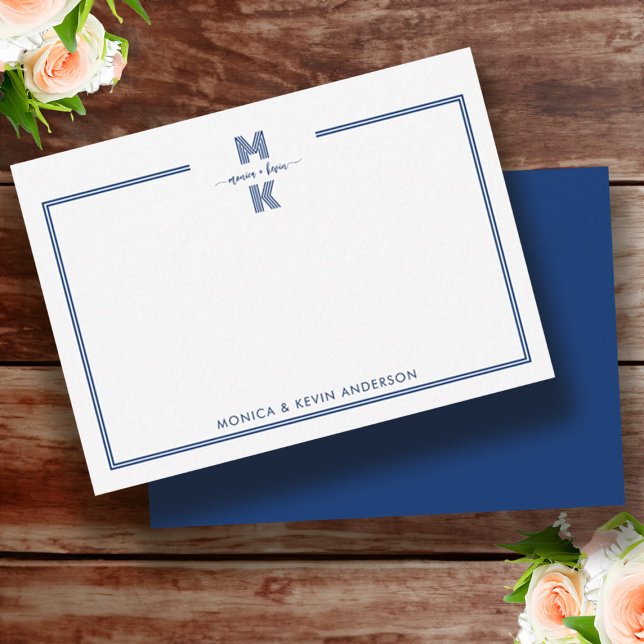 Ett minimalistiskt marinblått två Gräns-monogram Anteckningskort (Minimalist Navy Blue Two Border Monogram Note Card)