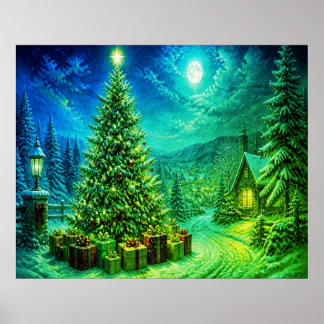 Ett mycket grönt+blått julgran vid gatan poster