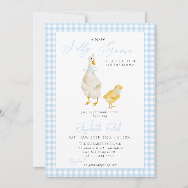 Ett nytt Fånig Goose Blue Gingham Baby Shower Inbjudningar (Framsida)