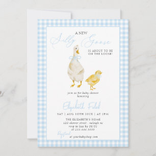 Ett nytt Fånig Goose Blue Gingham Baby Shower Inbjudningar