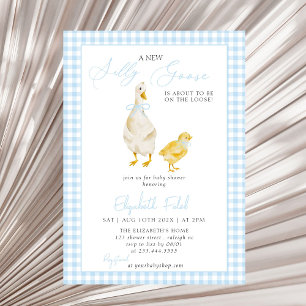 Ett nytt Fånig Goose Blue Gingham Baby Shower Inbjudningar