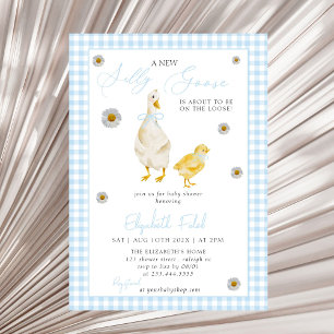 Ett nytt Fånig Goose Blue Gingham Baby Shower Inbjudningar