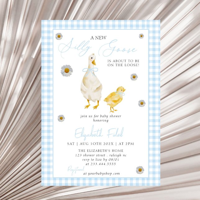 Ett nytt Fånig Goose Blue Gingham Baby Shower Inbjudningar (Skapare uppladdad)