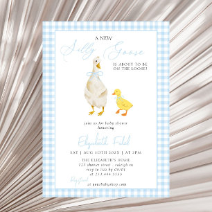 Ett nytt Fånig Goose Blue Gingham Baby Shower Inbjudningar