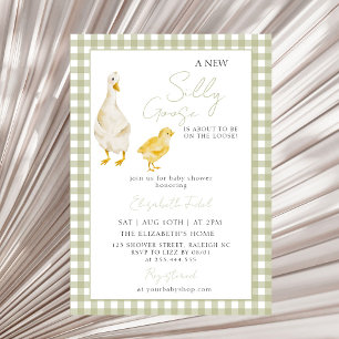 Ett nytt Fånig Goose Grönt Gingham Baby Shower Inbjudningar