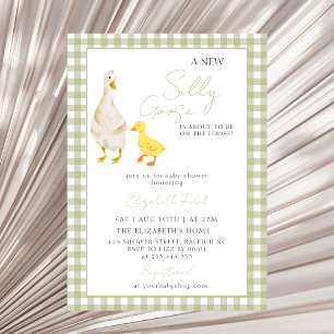 Ett nytt Fånig Goose Grönt Gingham Baby Shower Inbjudningar