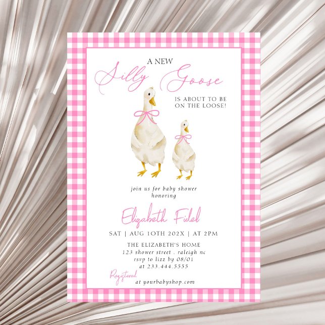 Ett nytt Fånig Goose Rosa Gingham Baby Shower Inbjudningar (Skapare uppladdad)