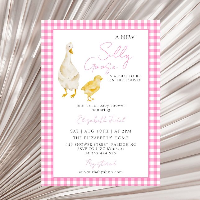 Ett nytt Fånig Goose Rosa Gingham Baby Shower Inbjudningar (Skapare uppladdad)