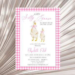 Ett nytt Fånig Goose Rosa Gingham Baby Shower Inbjudningar