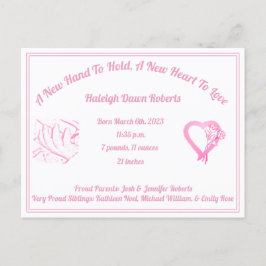 Ett Nytt Hand Att Hålla Födelseannons - Babyflicka Meddelande Vykort