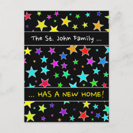 "ETT NYTT HEM!"; Roligt, färgstarka stjärnor Mönst Meddelande Vykort