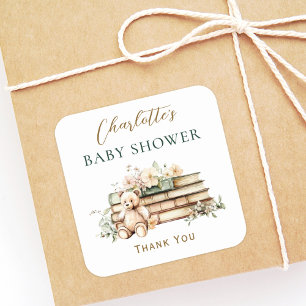 Ett Nytt Kapitel Blommig Bok Baby Shower Förmån Fyrkantigt Klistermärke