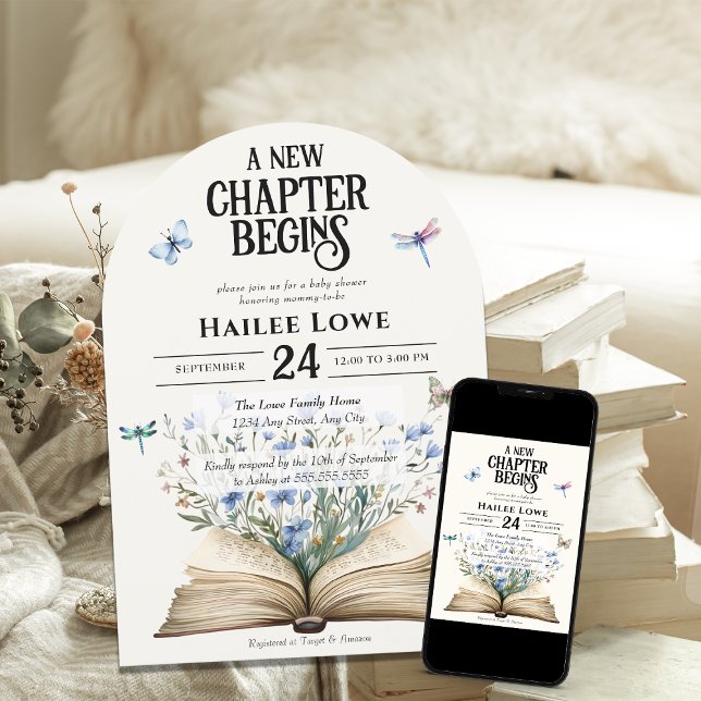 Ett Nytt Kapitel Börjar Babykalas Blå Vilda Blommo Inbjudningar (Skapare uppladdad)