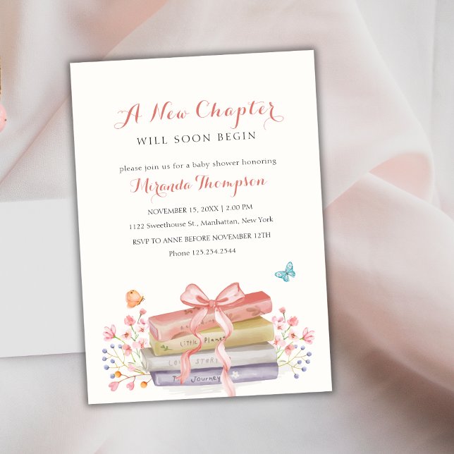 Ett nytt kapitel börjar Blommigten Bow Bok Baby Sh Inbjudningar (A New Chapter Begins Floral Bow Book Baby Shower Invitation)