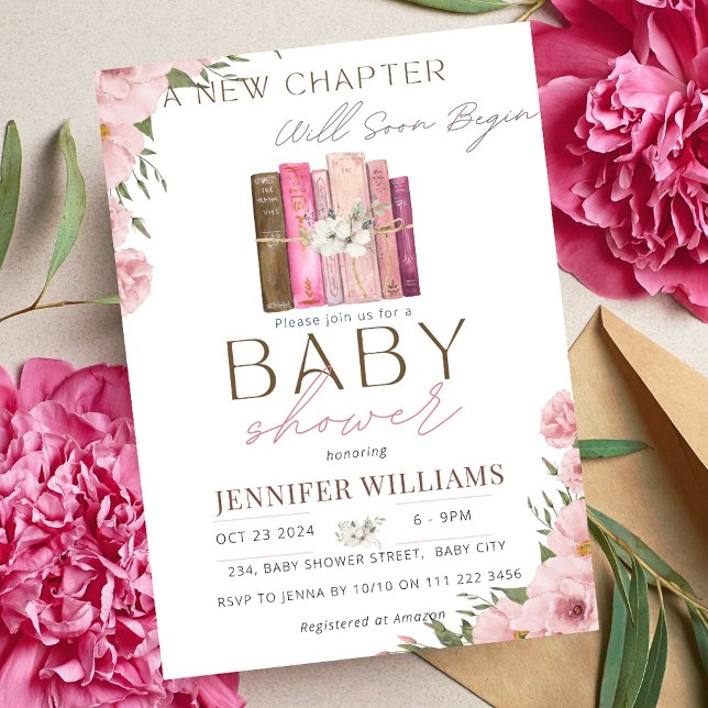 Ett nytt kapitel börjar Blommigten Rosa Baby Showe Inbjudningar (A New Chapter Begins Pink Girl Book Baby Shower Invitation)