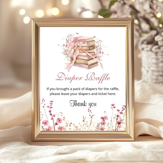 Ett Nytt Kapitel Börjar Böcker Blöja Lotteri Skylt (A new chapter begin Pink coquette diaper raffle baby shower sign)