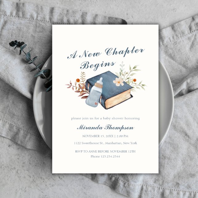 Ett nytt kapitel börjar Bok Flaska babyskuva Inbjudningar (A New Chapter Begins Book Bottle Baby Shower Invitation)