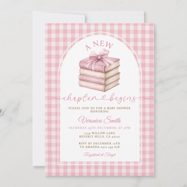 Ett Nytt Kapitel Börjar Bok Rosa Gingham Barnkalas Inbjudningar (Framsida)