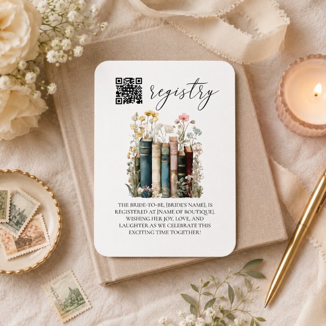 Ett Nytt Kapitel Börjar Bröllopsdusch-inbjudan Tilläggskort (Registry Card with books and wildflowers
)