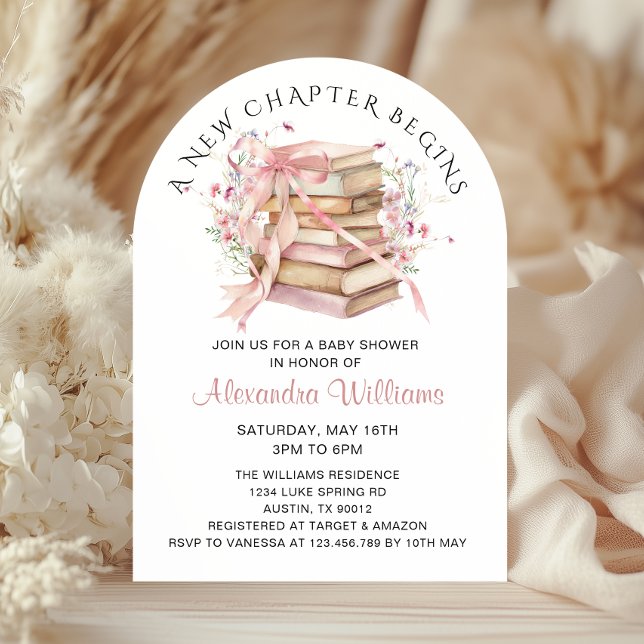 Ett Nytt Kapitel Börjar Coquette Böcker Barnkalas Inbjudningar (A New Chapter Begins Pink Coquette Bow Books Baby shower Invitation)