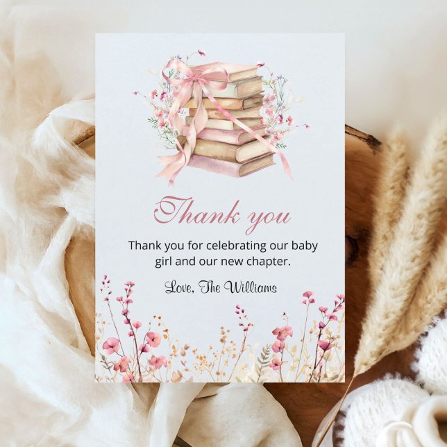 Ett Nytt Kapitel Börjar Coquette Böcker Barnkalas Tack Kort (A new chapter begins Pink Coquette bow baby shower Thank you card)