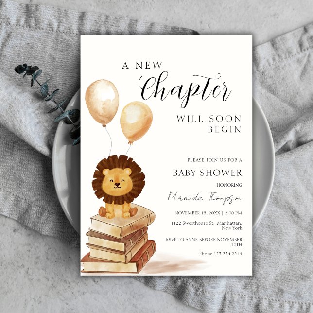 Ett Nytt Kapitel Börjar Lejon Ballong Babyfirande  Inbjudningar (A New Chapter Begins Lion Balloon Baby Shower Invitation)