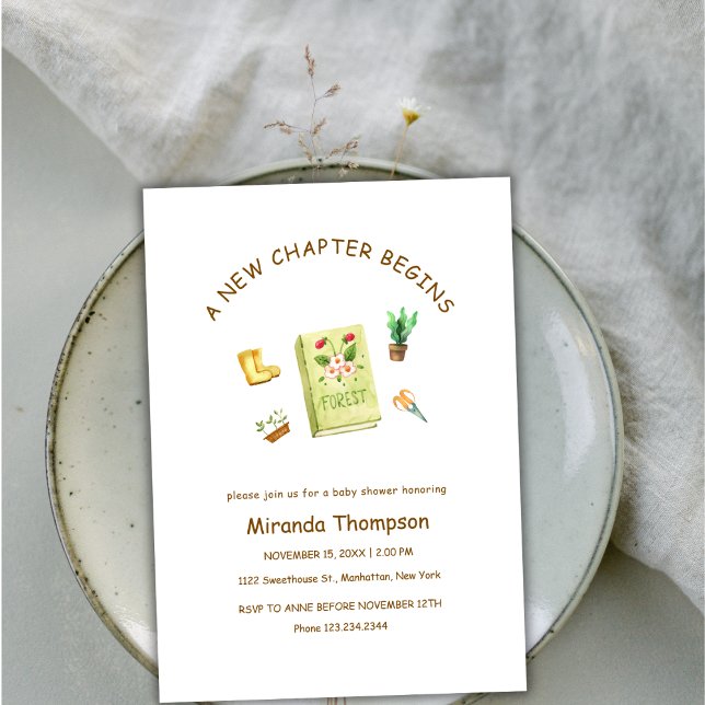 Ett nytt kapitel börjar med Garden Bok Babykläder Inbjudningar (A New Chapter Begin Garden Book Baby Shower Invitation)