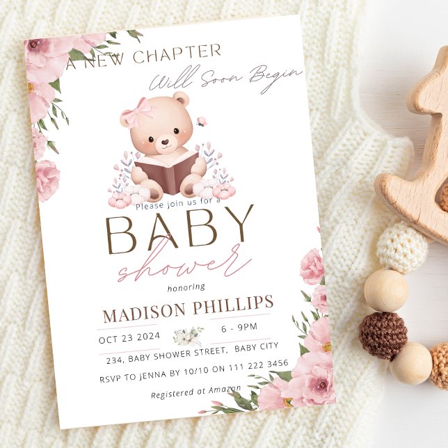 Ett nytt kapitel börjar med Teddy Girl Baby Shower Inbjudningar (A New Chapter Begins Teddy Bear Pink Book Baby Shower Invitation)