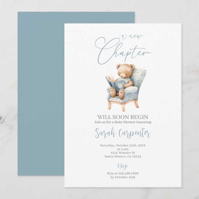 Ett nytt kapitel börjar Nallen Baby Shower Boy Inbjudningar (Fram/baksida)
