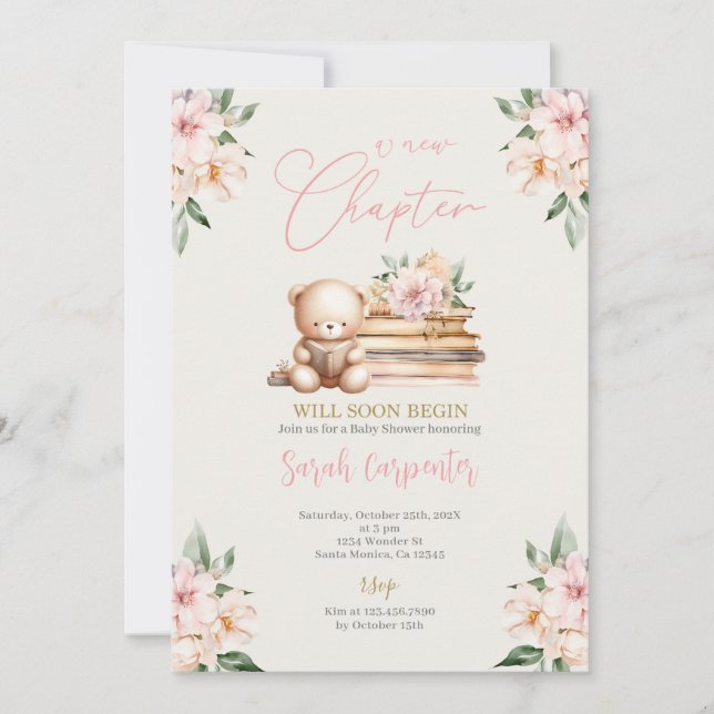 Ett nytt kapitel börjar Nallen Baby Shower Girl Inbjudningar (Framsida)