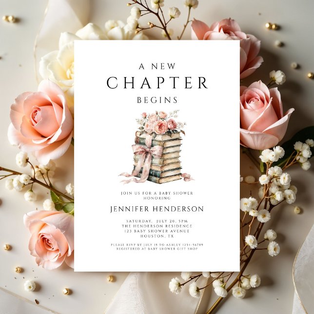 Ett Nytt Kapitel Börjar Rosa Band Barnkalas Inbjudningar (A New Chapter Begins Pink Bow Books Baby Shower Invitation)
