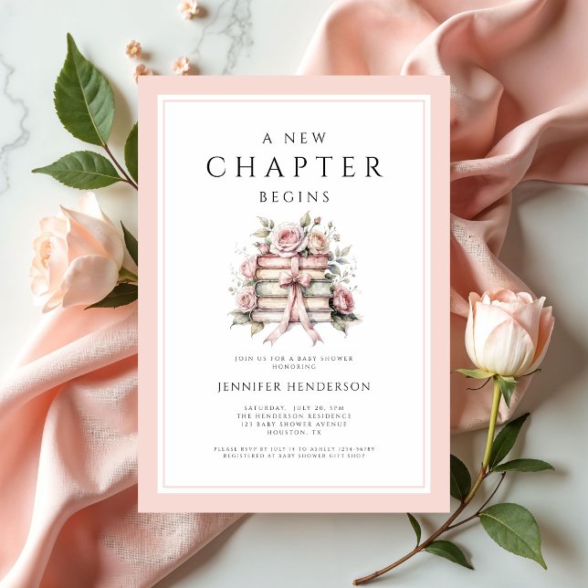 Ett Nytt Kapitel Börjar Rosa Band Böcker Barnkalas Inbjudningar (A New Chapter Begins Pink Bow Books Baby Shower Invitation)
